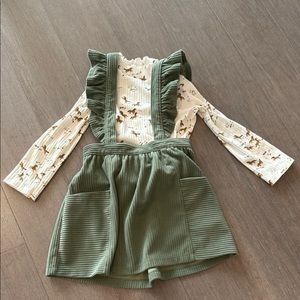 4T Green Corduroy Kids Skirt with Suspenders and Horse Print Shirt